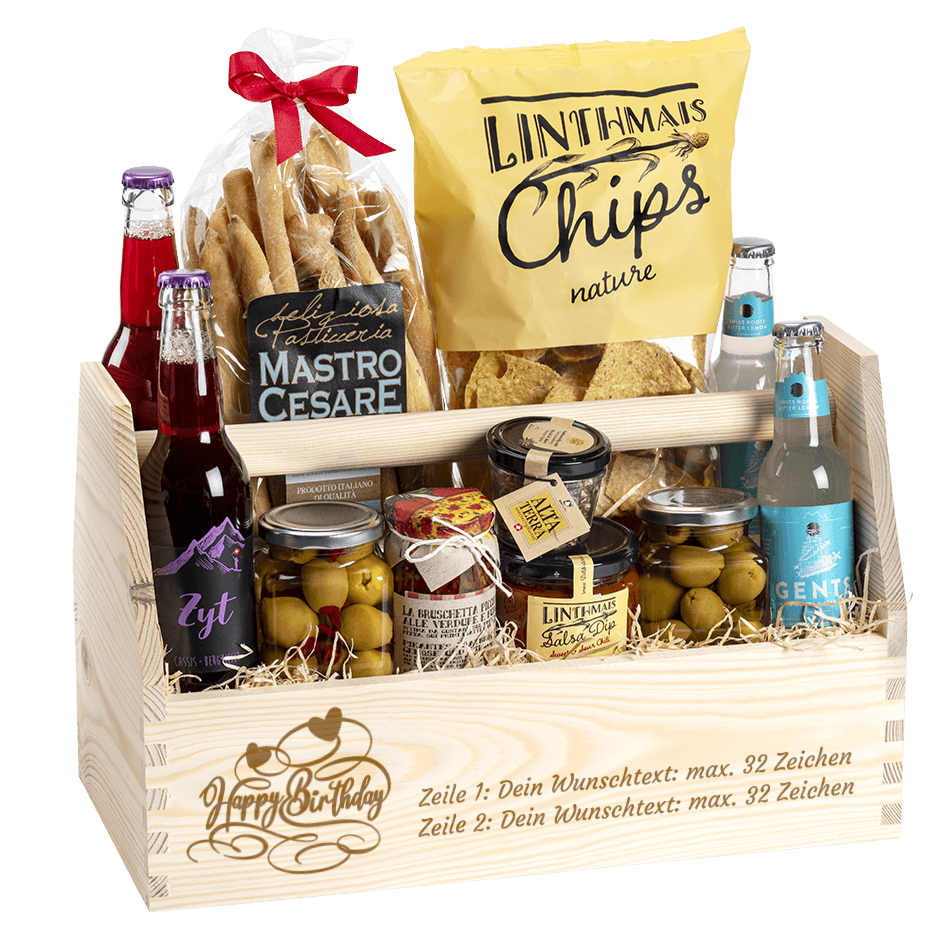 Geschenkkorb gefüllt mit tollen Apero Produkten. Graviert mit dem Sujet Happy Birthday