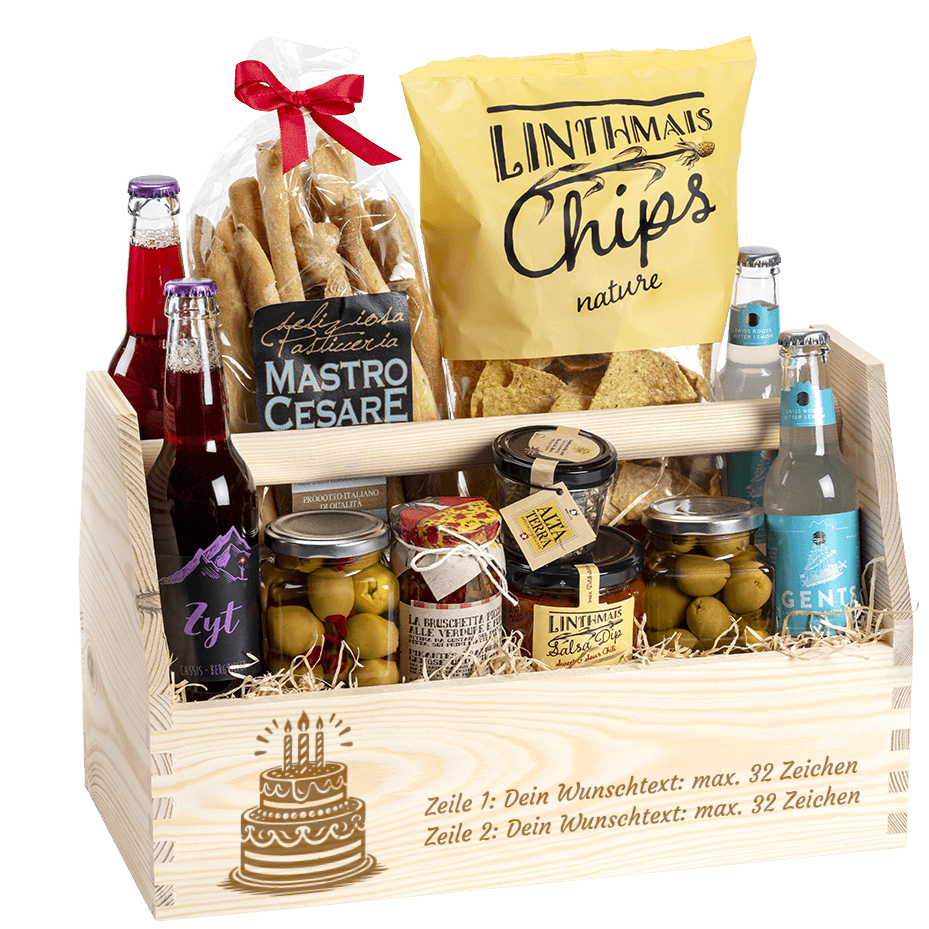 Geschenkkorb gefüllt mit tollen Apero Produkten. Das ideale Geburtstagsgeschenk. Graviert mit dem Sujet Geburtstagstorte.