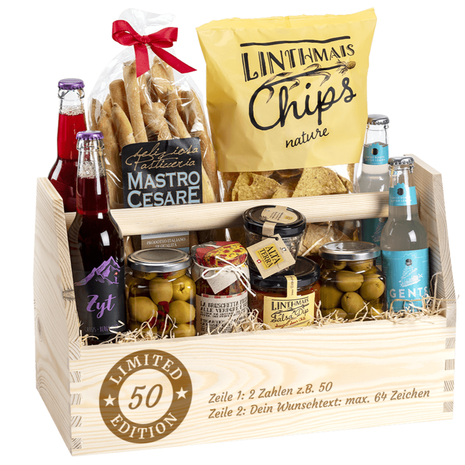 Geschenkkorb gefüllt mit tollen Apero Produkten. Das ideale Geburtstagsgeschenk. Graviert mit dem Sujet Limited Edition. 
