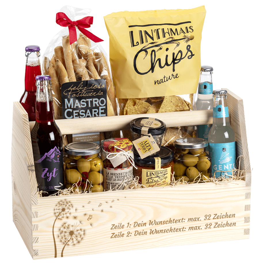 Geschenkkorb gefüllt mit tollen Apero Produkten. Graviert mit dem Sujet Pusteblume.