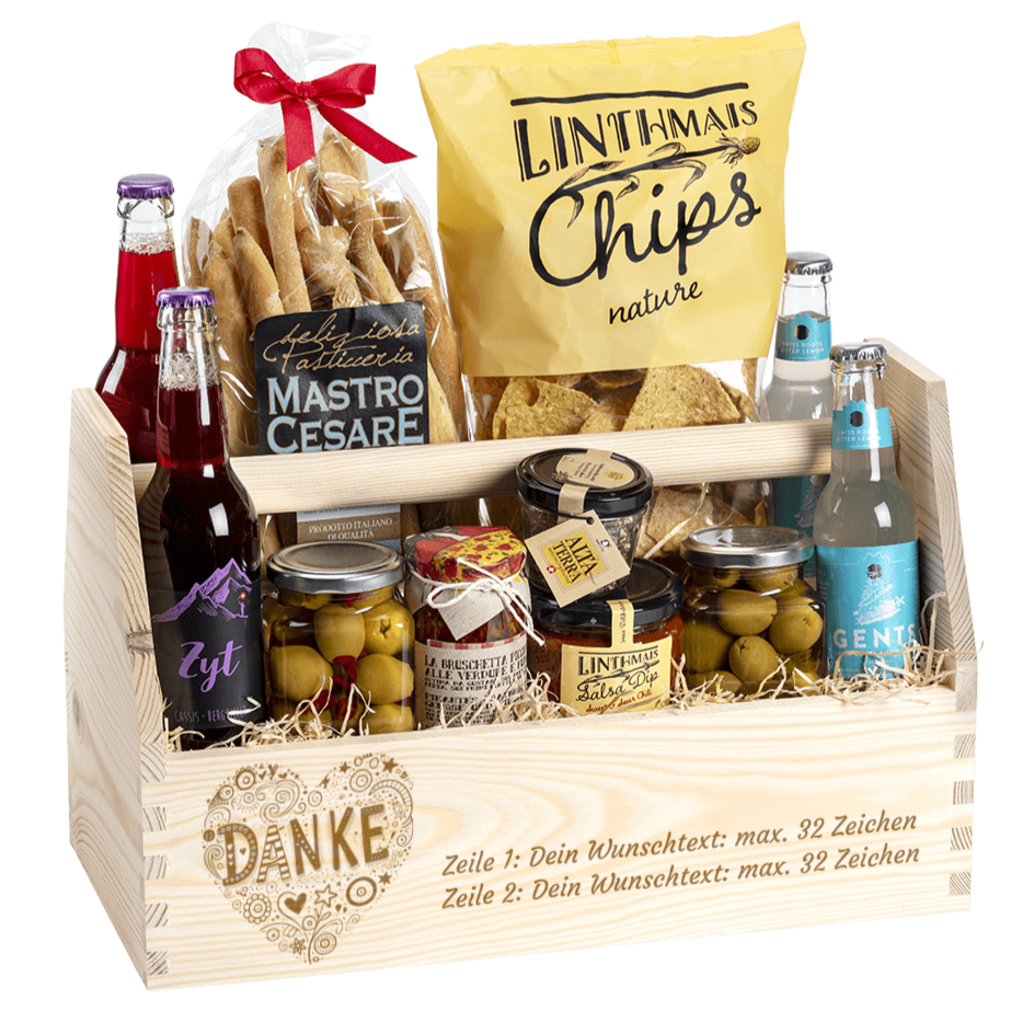 Geschenkkorb gefüllt mit tollen Apero Produkten. Graviert mit dem Sujet Danke. 
