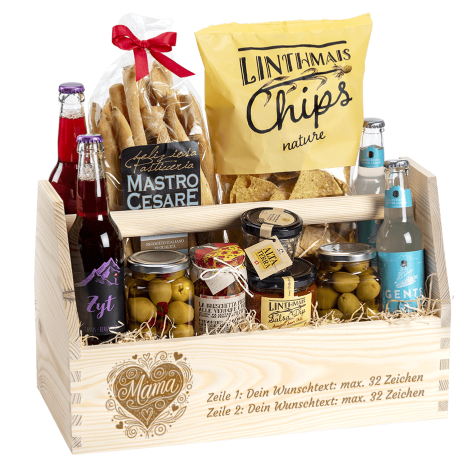 Geschenkkorb gefüllt mit tollen Apero Produkten. Graviert mit dem Sujet Mama und Wunschtext. 