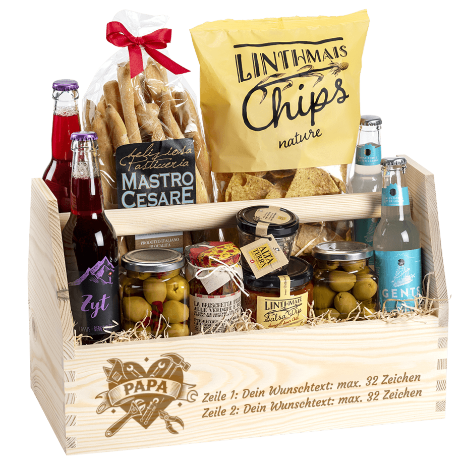 Geschenkkorb gefüllt mit tollen Apero Produkten. Graviert mit dem Sujet Papa und dem Wunschtext. 
