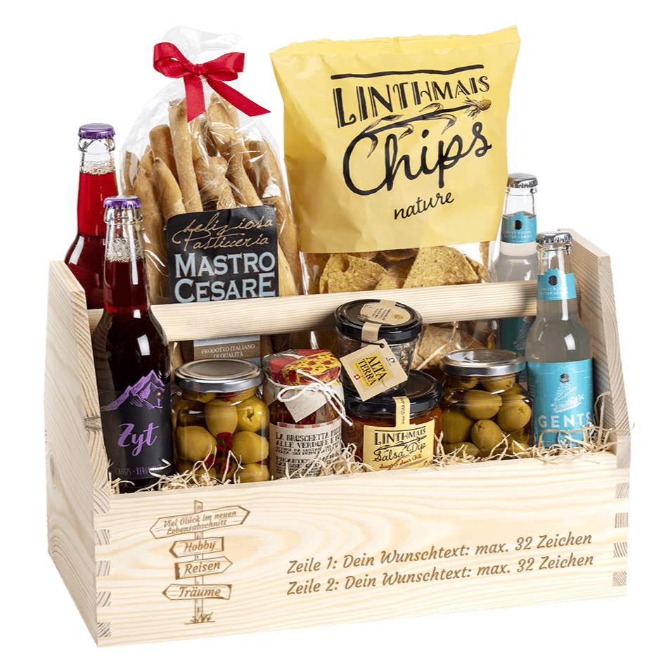 Geschenkkorb gefüllt mit tollen Apero Produkten. Graviert mit dem Sujet "Wünsche für die Pension. 