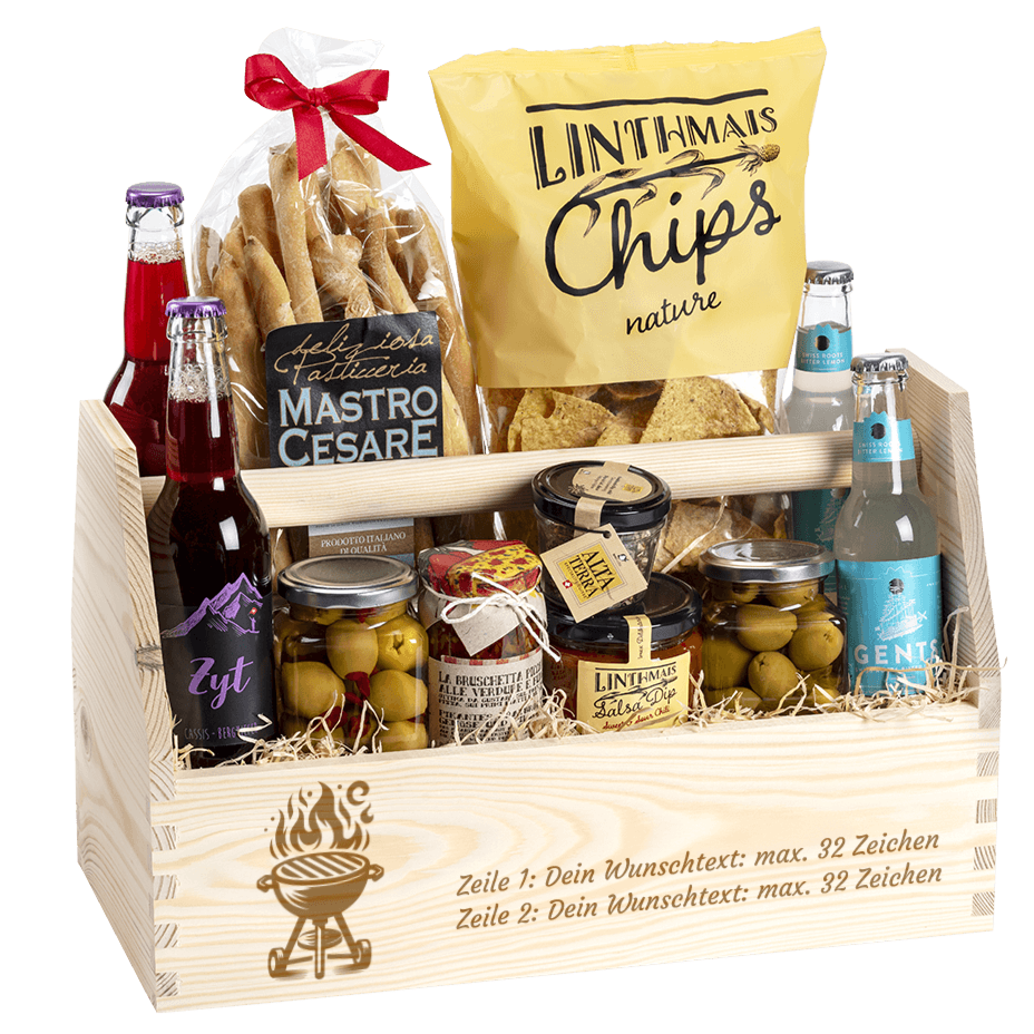 Geschenkkorb gefüllt mit tollen Apero Produkten. Graviert mit dem Sujet Grill. 
