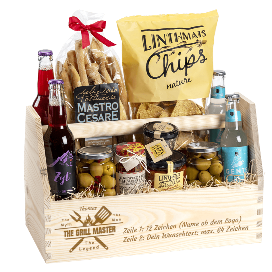 Geschenkkorb gefüllt mit tollen Apero Produkten. Graviert mit dem Sujet "Grill Master".