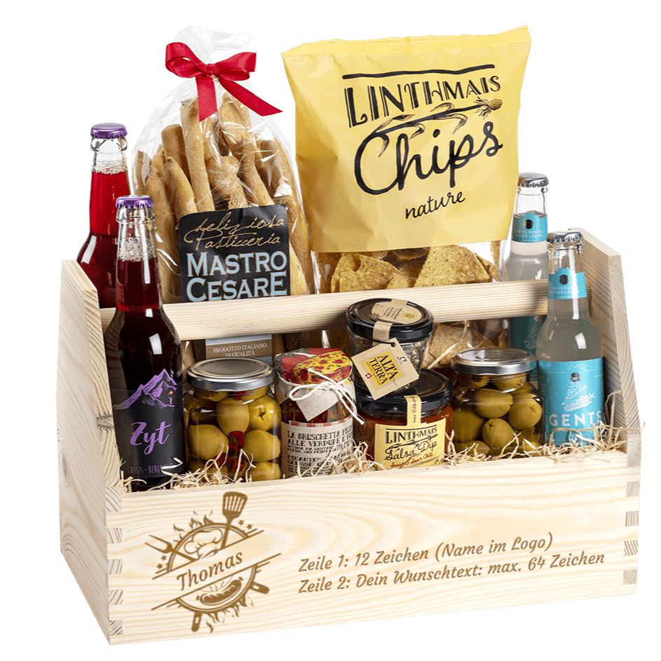 Geschenkkorb gefüllt mit tollen Apero Produkten. Graviert mit dem Grill Sujet und dem persönlichen Wunschtext. 