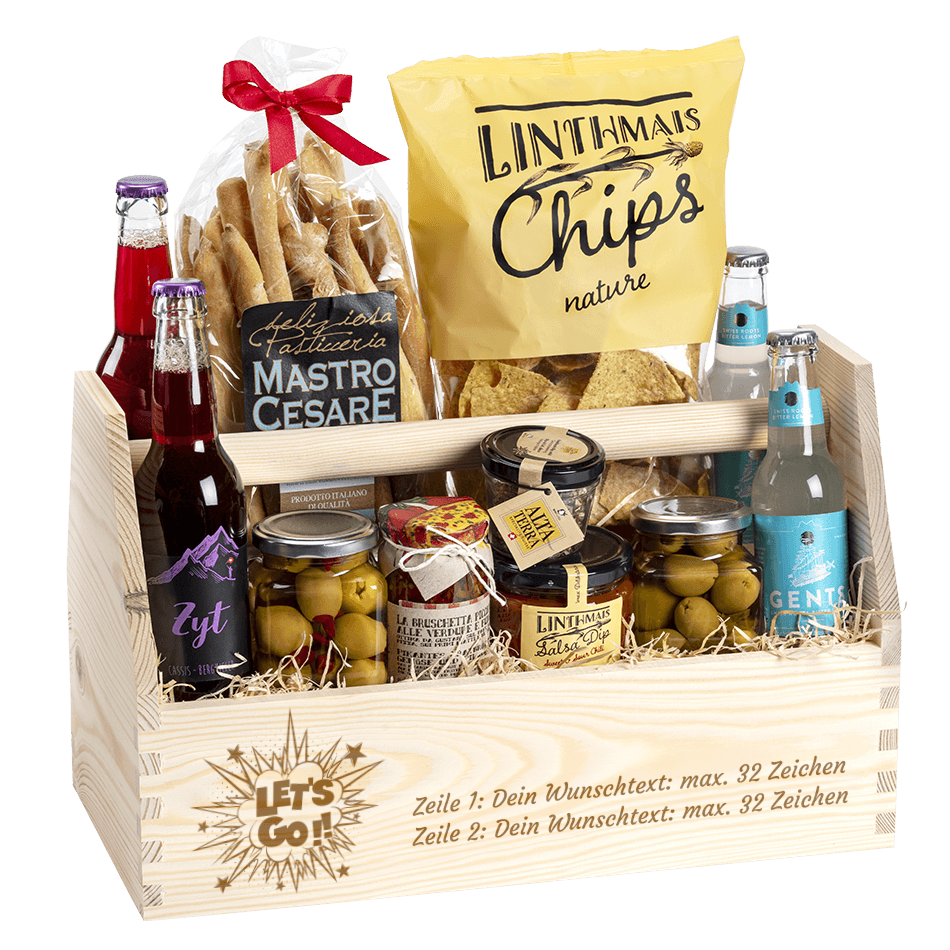 Geschenkkorb gefüllt mit tollen Apero Produkten. Graviert mit dem Sujet "Let's go"