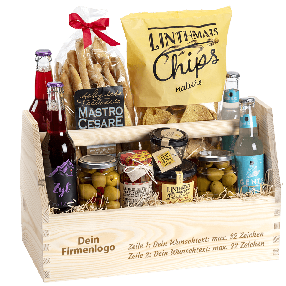 Geschenkkorb gefüllt mit tollen Apero Produkten. Graviert mit deinem Firmenlogo und dem Wunschtext. 