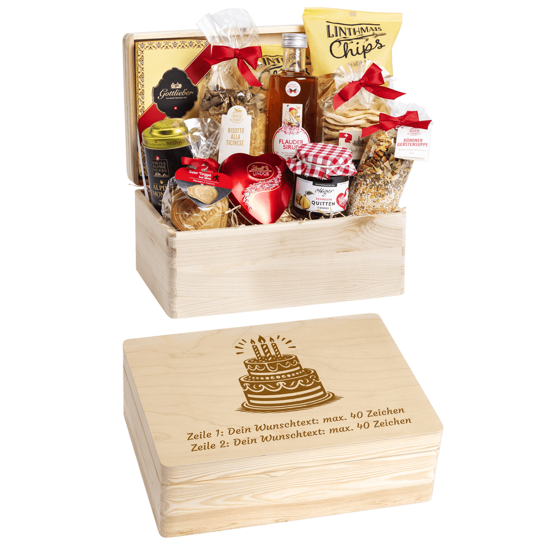 Gravierte Holzbox mit Sujet Geburtstagstorte. Gefüllt mit regionalen Spezialitäten aus der Schweiz. Das Ideale Geschenk zum Geburtstag. 