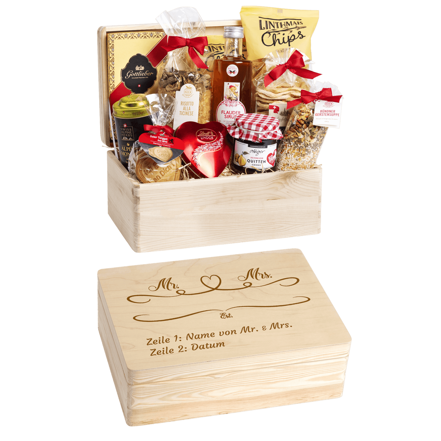 Gravierte Holzbox mit Sujet Mr. & Mrs. Gefüllt mit regionalen Spezialitäten aus der Schweiz. Das Ideale Geschenk zur Hochzeit. 