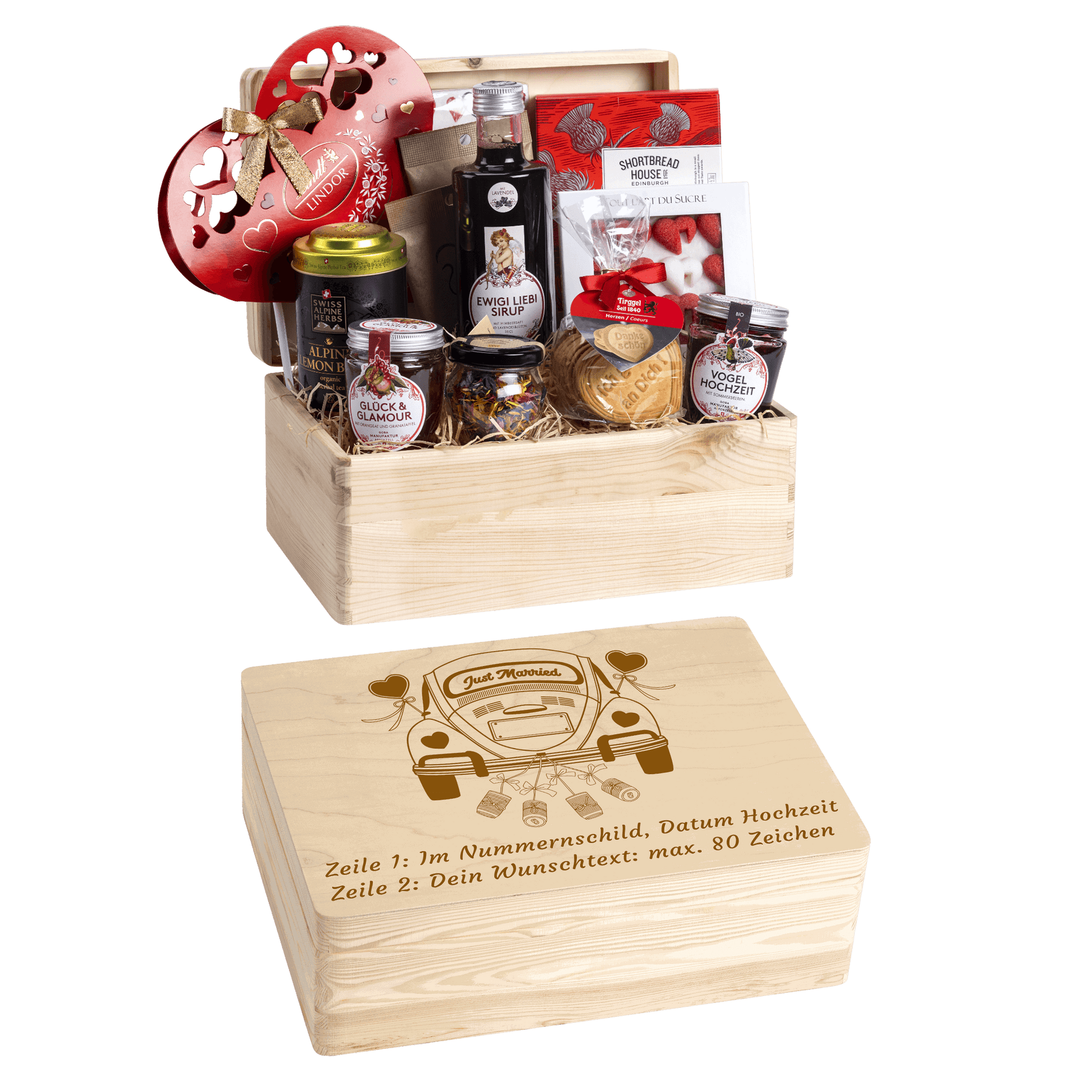 Personalisierte und gravierte Geschenkbox aus Holz. Versehen mit Wunschtext und Wunschbild. Motiv Hochzeit VW Käfer