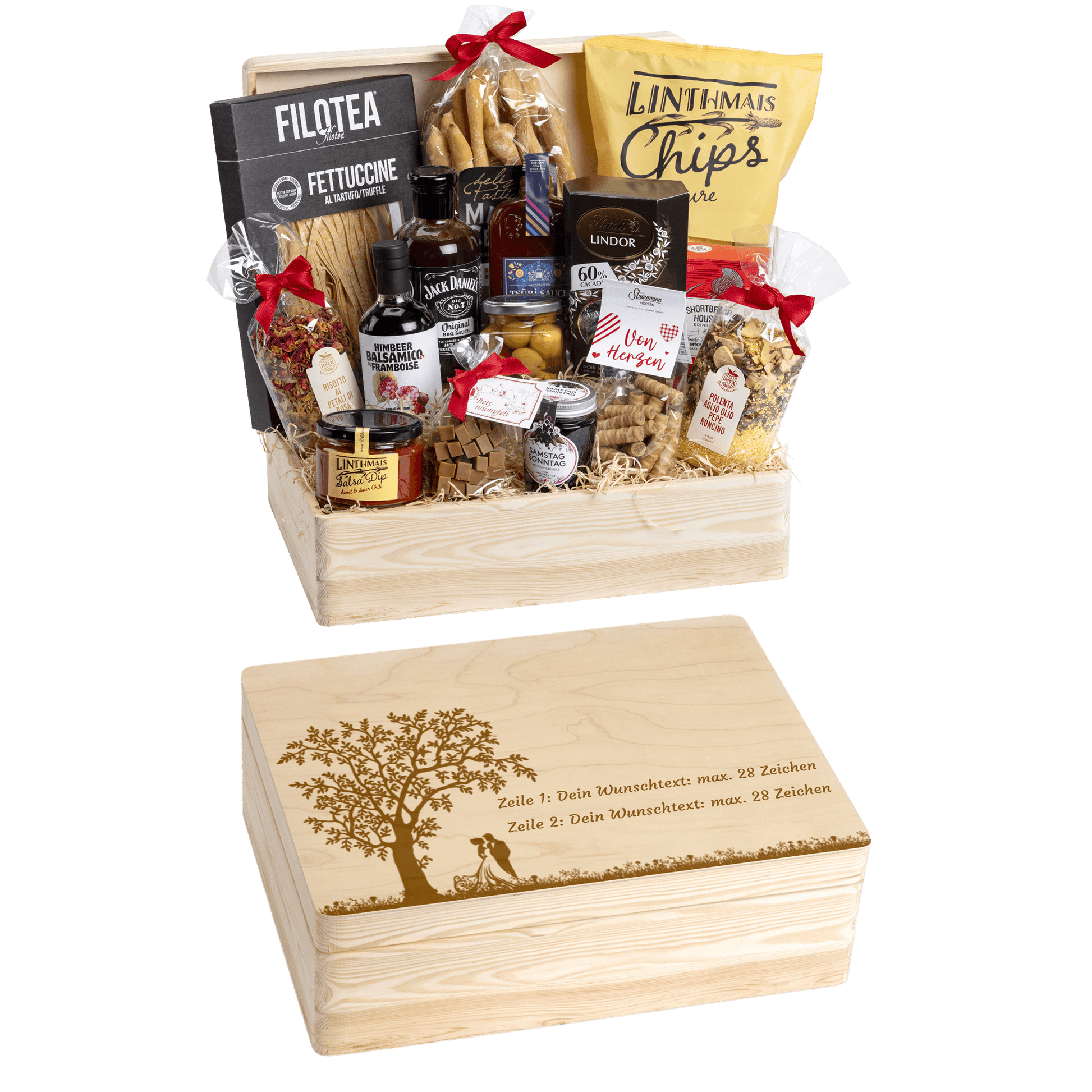Holzbox kann mit Wunschtext und Wunsch-Sujet graviert werden. Auf der Holzbox ist das Sujet "Hochzeitspaar unter dem Baum" graviert. Das ideale personalisierte Geschenk zur Hochzeit.
