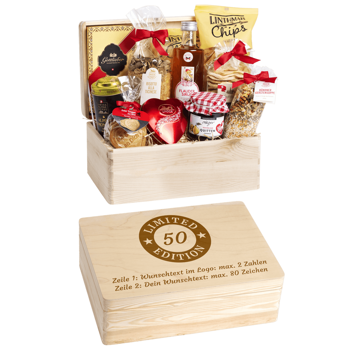Gravierte Holzbox mit Sujet Limited Edition. Gefüllt mit regionalen Spezialitäten aus der Schweiz. Das Ideale Geschenk zum Geburtstag.