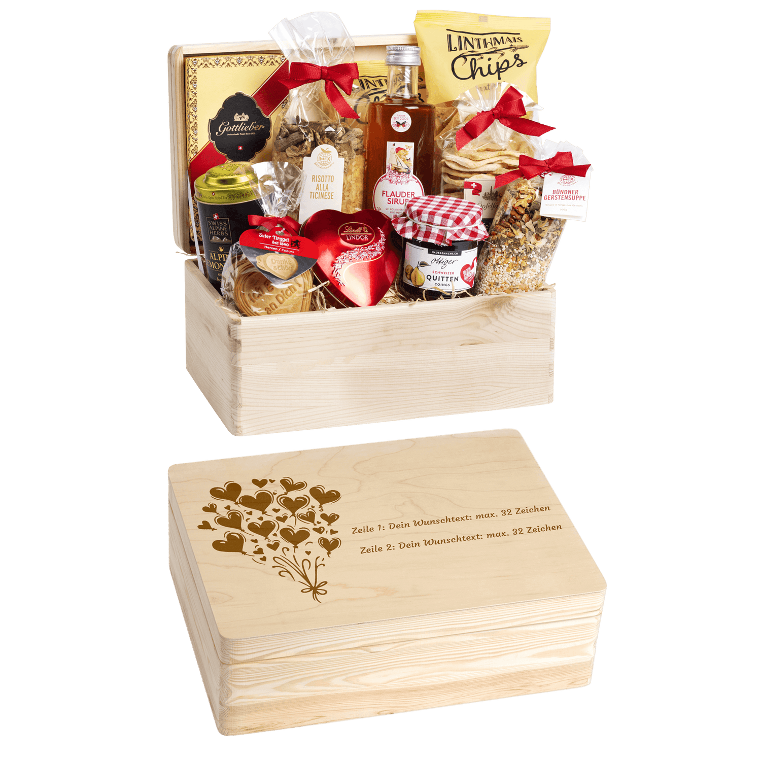 Gravierte Holzbox mit Sujet Ballon in Herzform. Gefüllt mit regionalen Spezialitäten aus der Schweiz. Das Ideale Geschenk zur Hochzeit oder Geburtstag. 