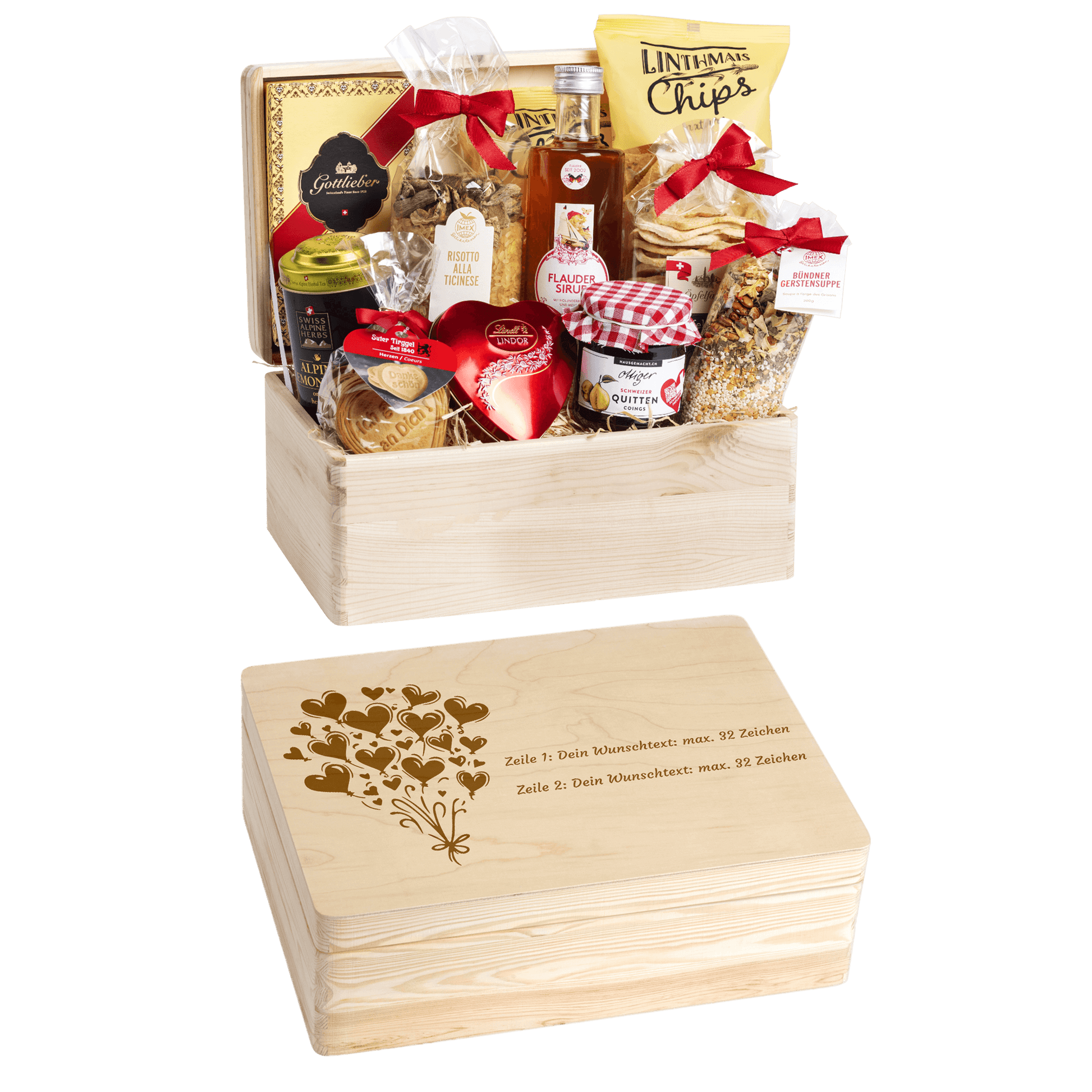 Gravierte Holzbox mit Sujet Ballon in Herzform. Gefüllt mit regionalen Spezialitäten aus der Schweiz. Das Ideale Geschenk zur Hochzeit oder Geburtstag. 
