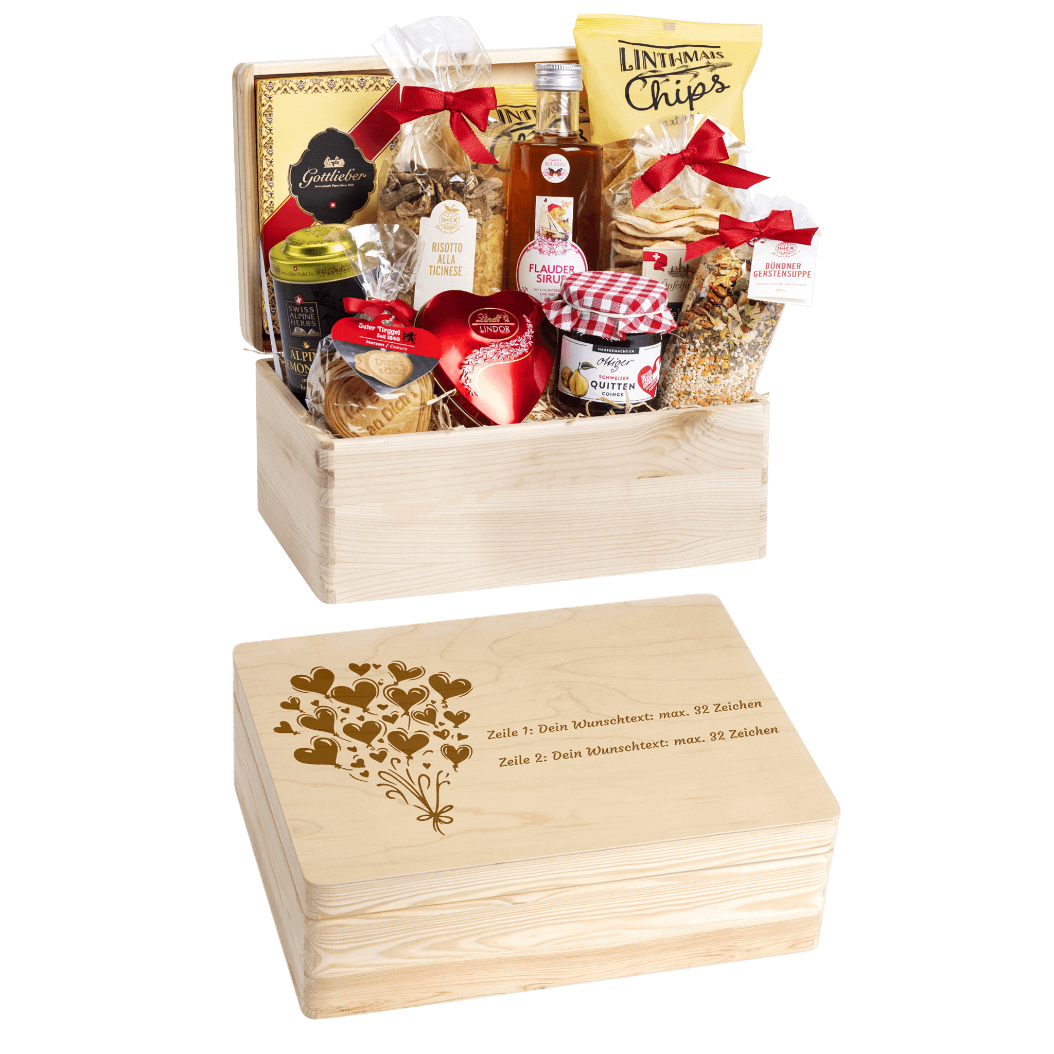 Gravierte Holzbox mit Sujet Ballon in Herzform. Gefüllt mit regionalen Spezialitäten aus der Schweiz. Das Ideale Geschenk zur Hochzeit oder Geburtstag. 