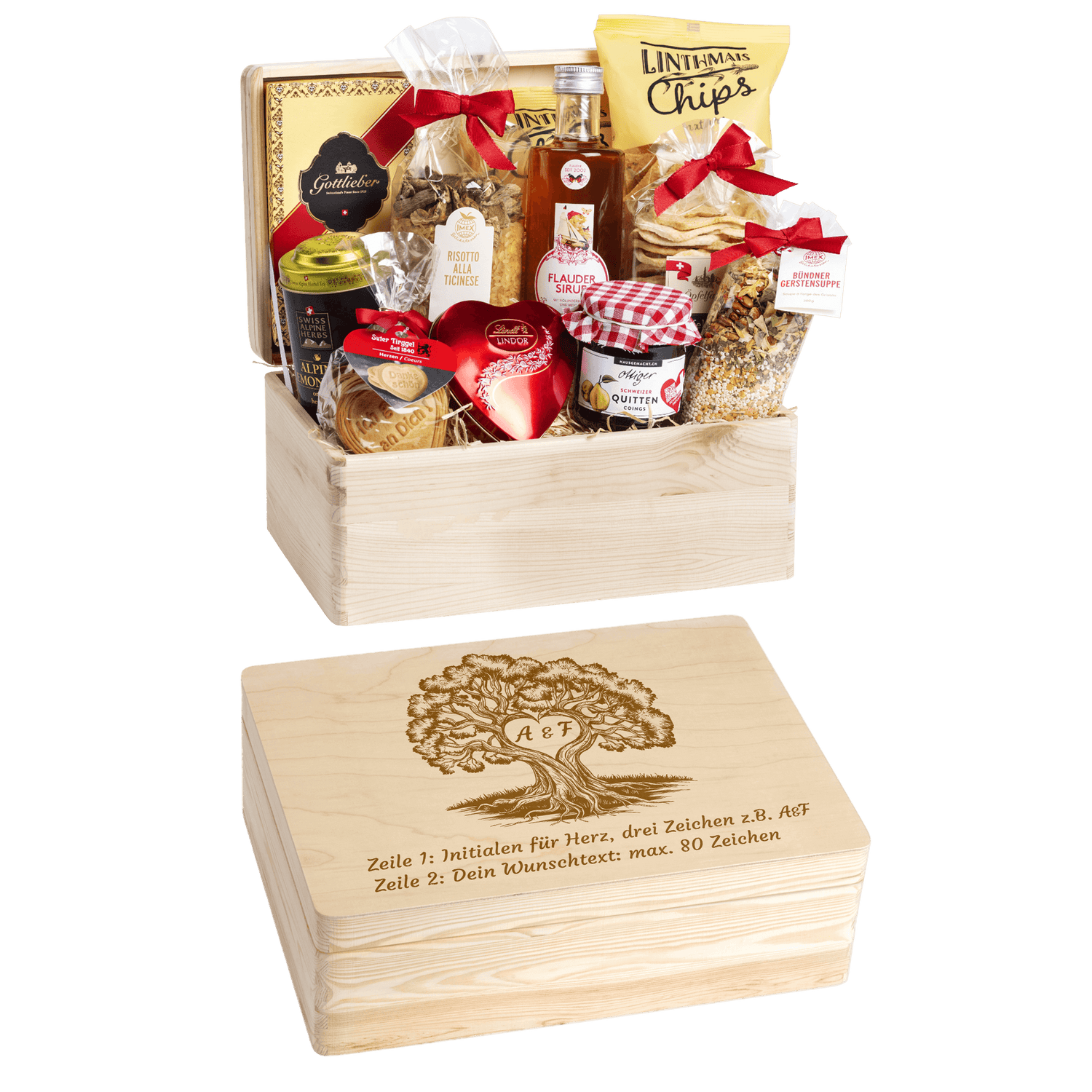 Gravierte Holzbox mit Sujet Lebensbaum. Gefüllt mit regionalen Spezialitäten aus der Schweiz. Das Ideale Geschenk zur Hochzeit.