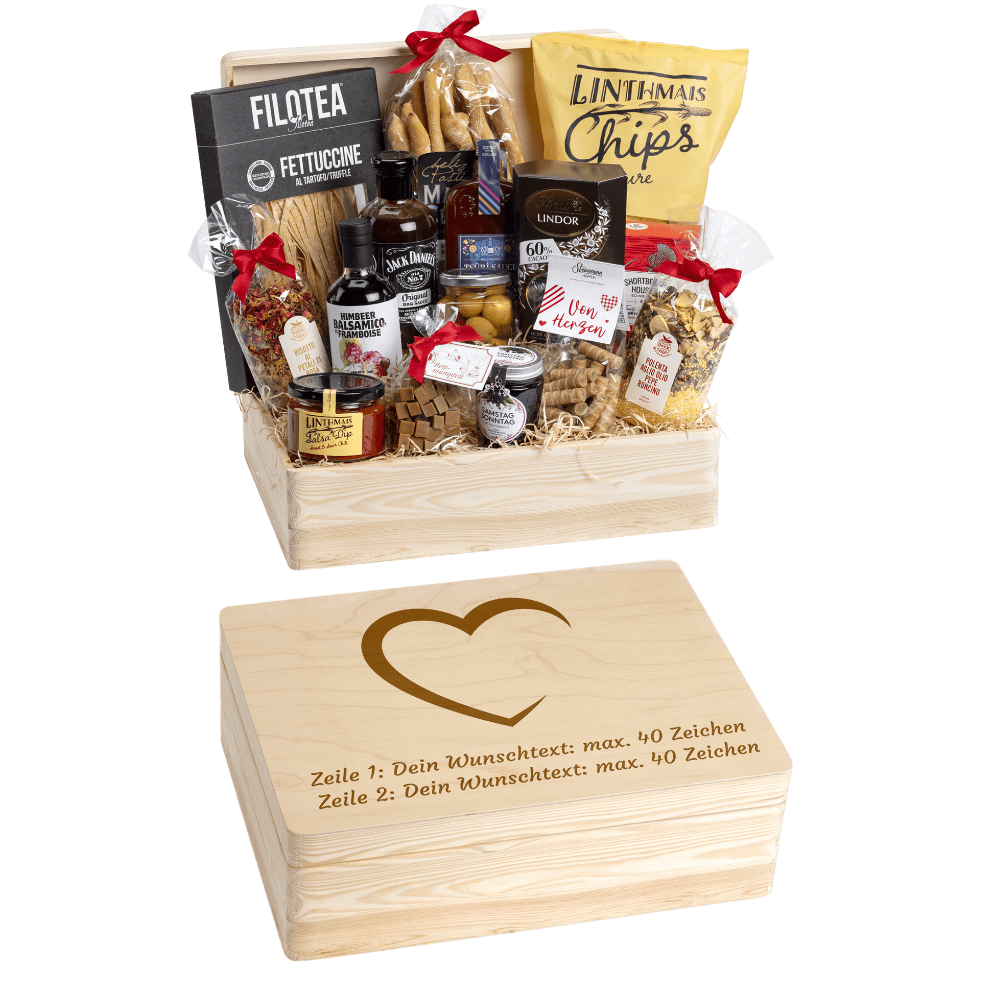 Holzbox kann mit Wunschtext und Wunsch-Sujet graviert werden. Auf der Holzbox ist das Sujet "Herz" graviert. Das ideale personalisierte Geschenk zur Hochzeit. 