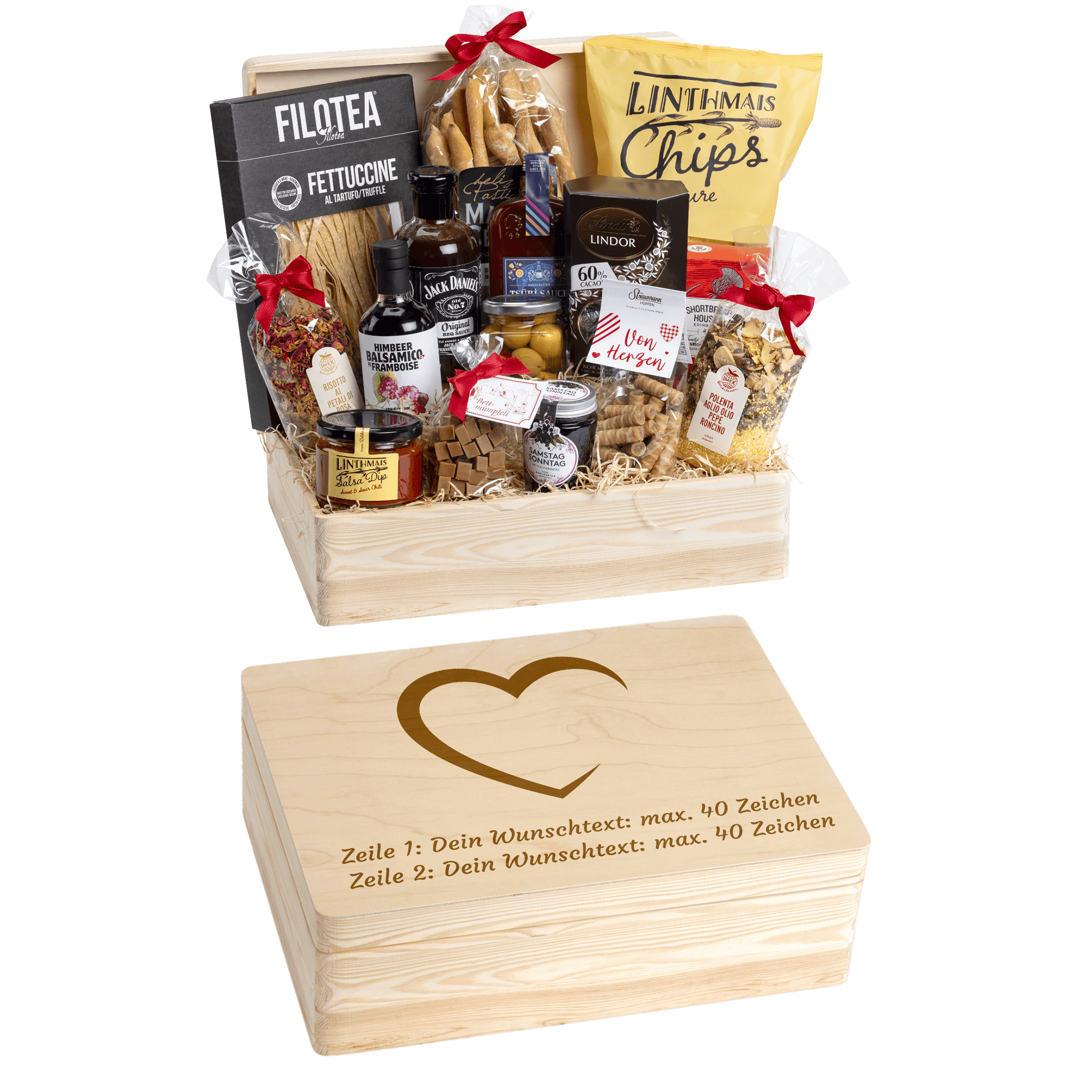 Holzbox kann mit Wunschtext und Wunsch-Sujet graviert werden. Auf der Holzbox ist das Sujet "Herz" graviert. Das ideale personalisierte Geschenk zur Hochzeit. 