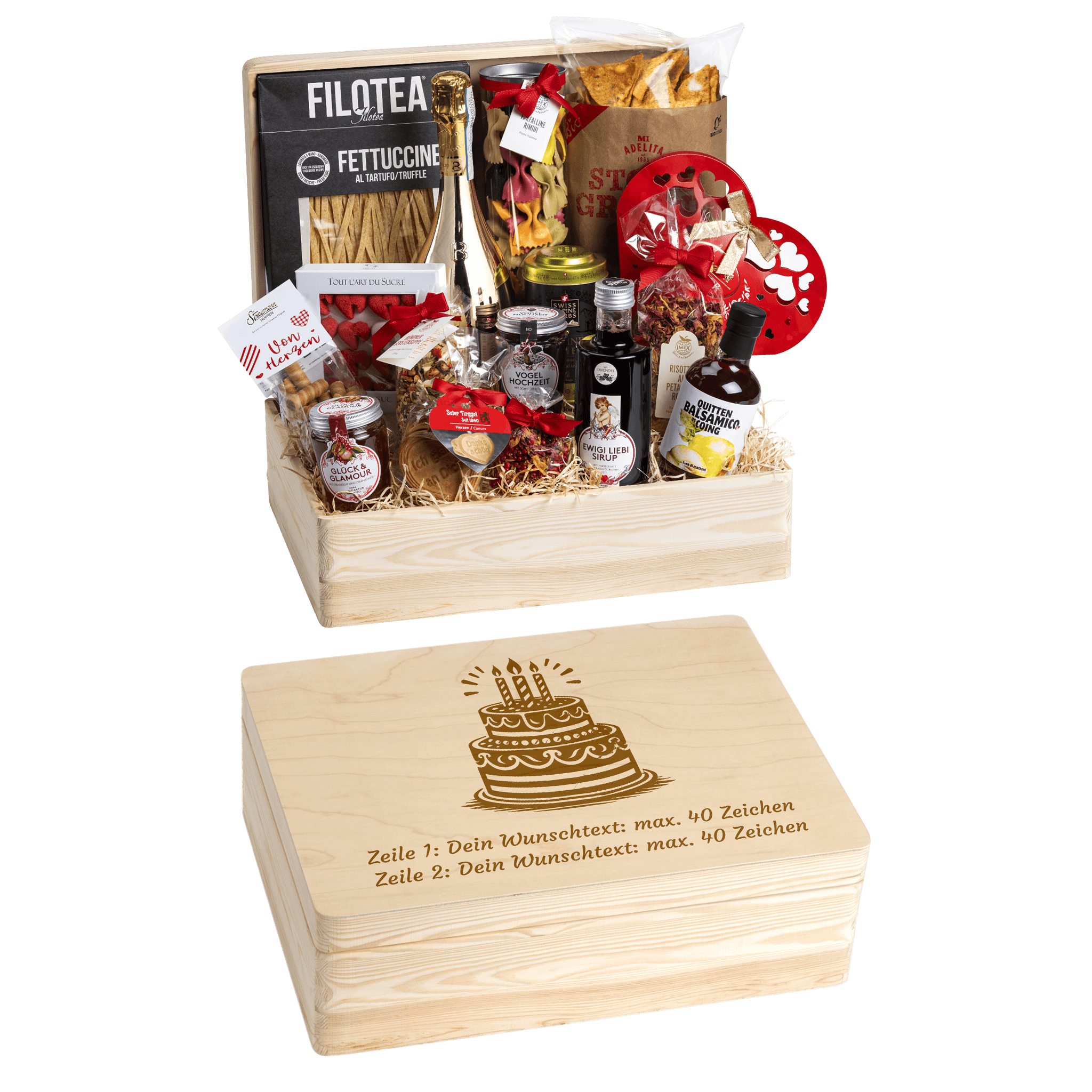 Personalisierte und gravierte Geschenkbox aus Holz. Versehen mit Wunschtext und Wunschbild. Motiv Geburtstagstorte.