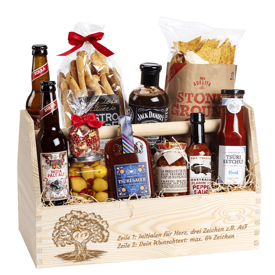 Der Geschenkkorb für die Einladung zum Grillen. Holzbox aus Kiefernholt