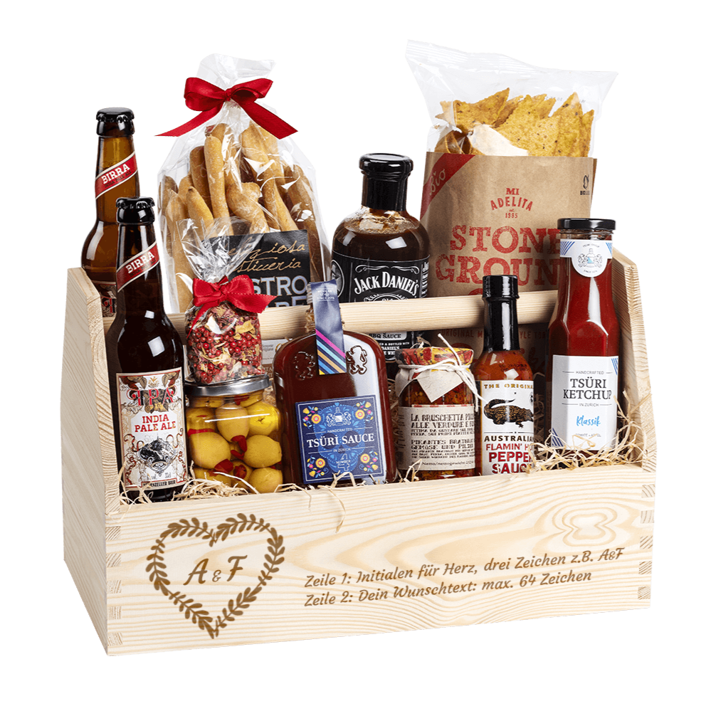 Geschenkkorb für das Brautpaar. Gefüllt mit vielen regionalen Spezialitäten, welche zum Grillen passen. 