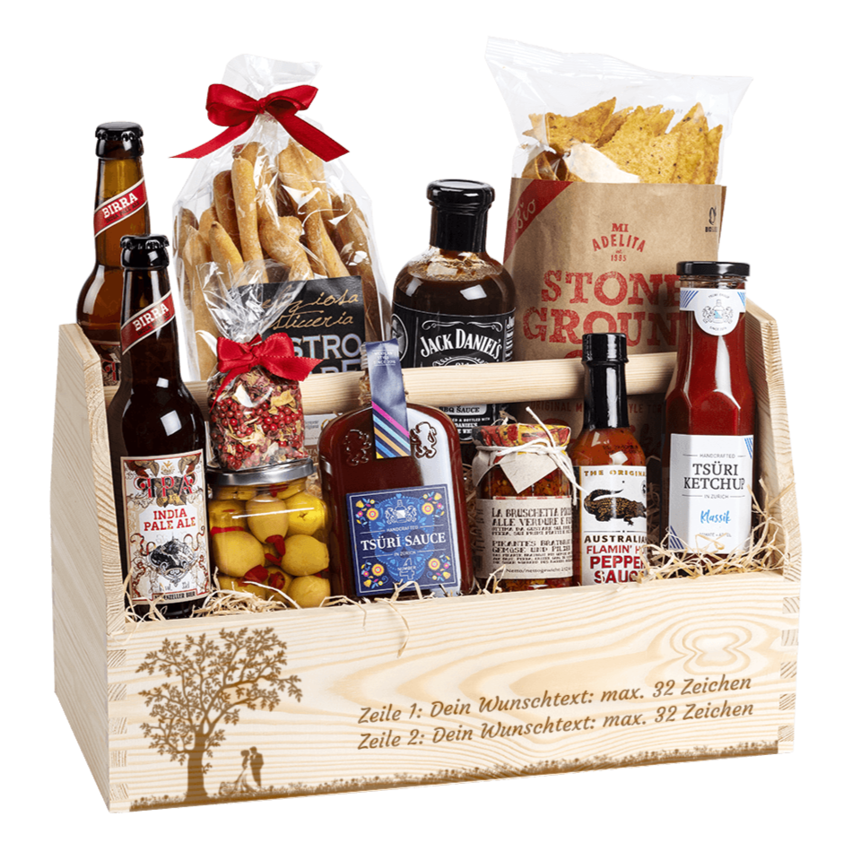 Geschenkkorb für die Hochzeit mit regionalen Spezialitäten, welche zum Grillen passen. 