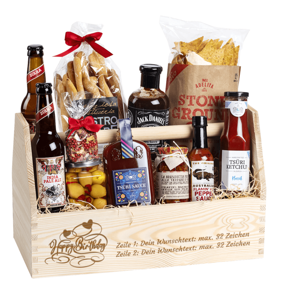 Geschenkkorb für den Geburtstag. Gefüllt mit vielen regionalen Spezialitäten, welche zum Grillen passen. 