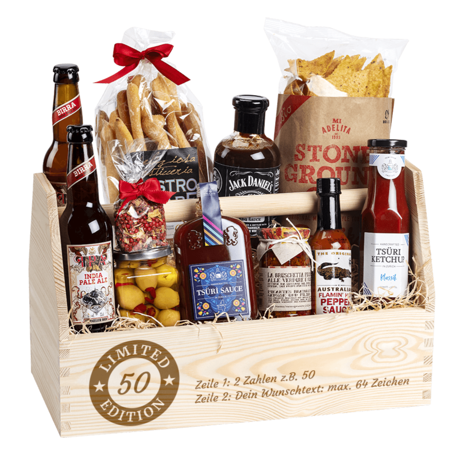 Geschenkkorb für die nächste Geburtstagsparty. Gefüllt mit vielen regionalen Spezialitäten, welche zum Grillen passen. 