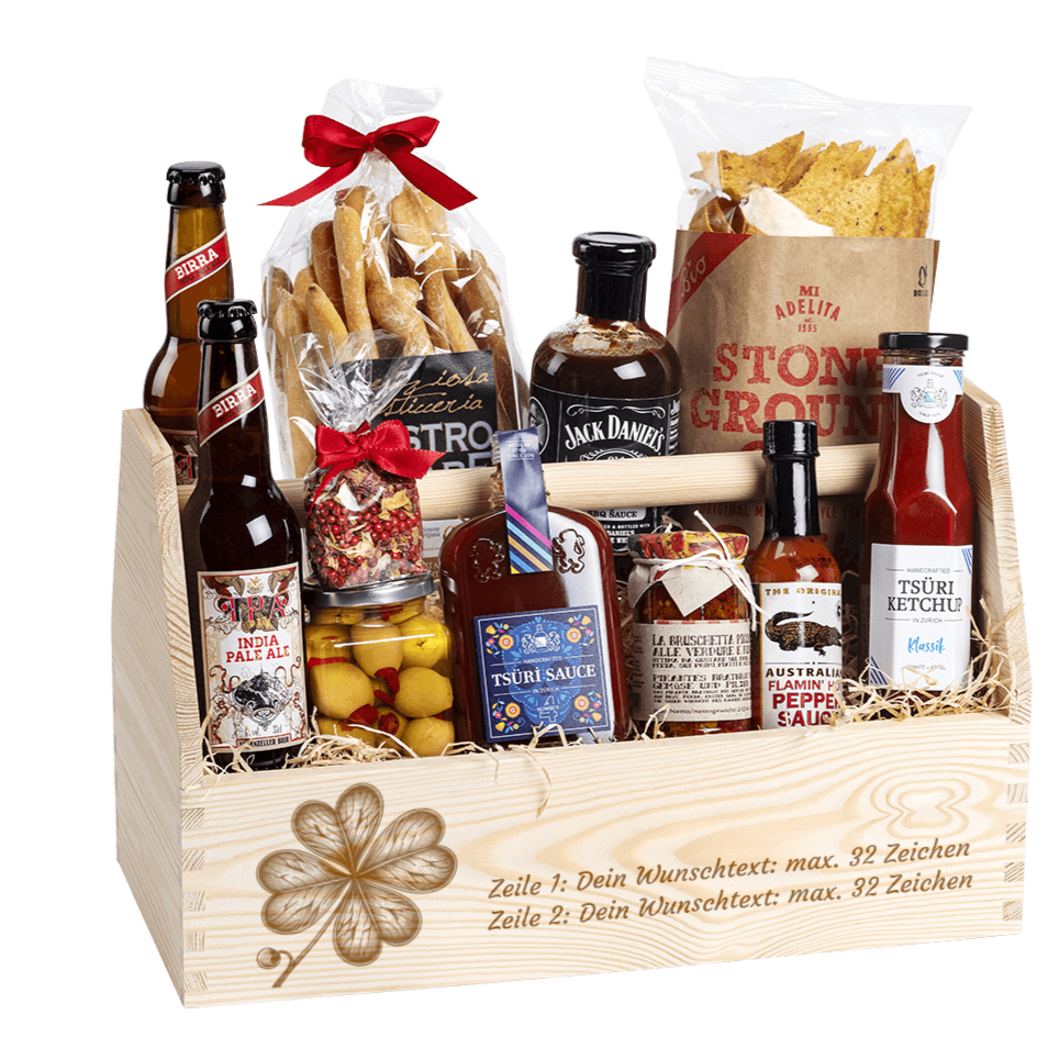 Geschenkkorb wünsche viel Glück. Gefüllt mit vielen regionalen Spezialitäten, welche zum Grillen passen. 