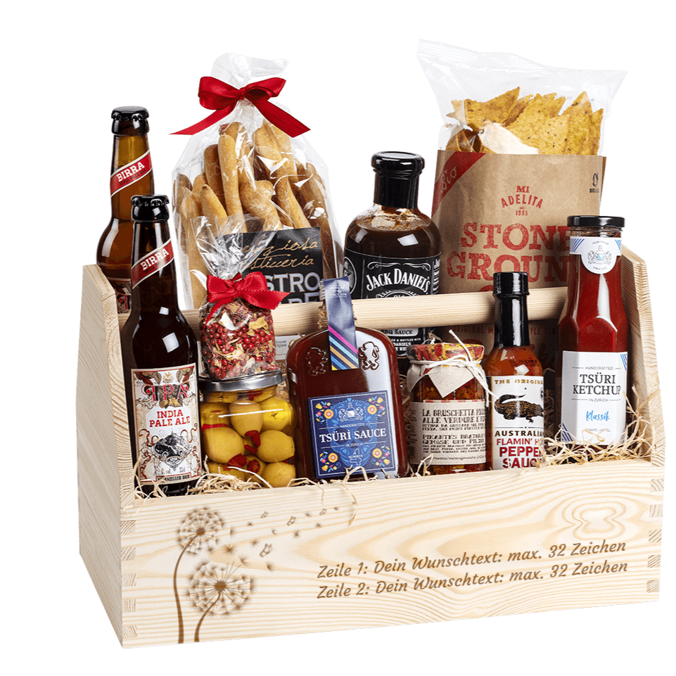 Geschenkkorb für die nächste Einladung zum Grillen. Gefüllt mit vielen regionalen Spezialitäten, welche zum Grillen passen. 