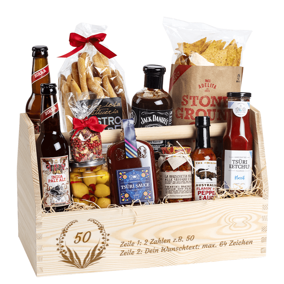 Geschenkkorb für das nächste Geburtstagsfest. Gefüllt mit vielen regionalen Spezialitäten, welche zum Grillen passen. 