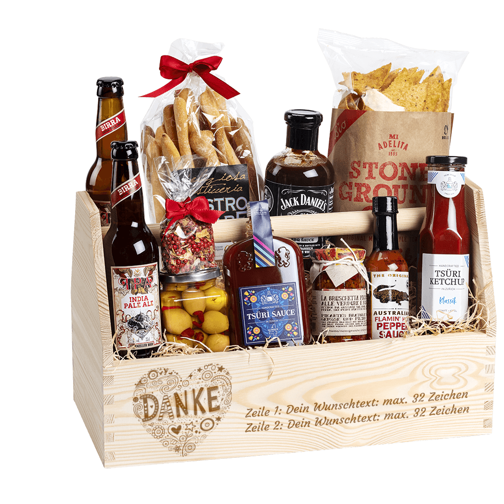 Geschenkkorb Danke. Gefüllt mit vielen regionalen Spezialitäten, welche zum Grillen passen. 