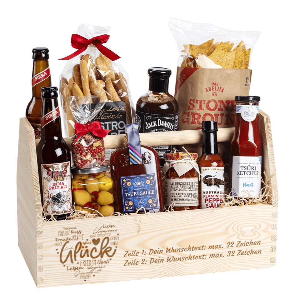 Geschenkkorb wünsche viel Glück. Gefüllt mit vielen regionalen Spezialitäten, welche zum Grillen passen. 