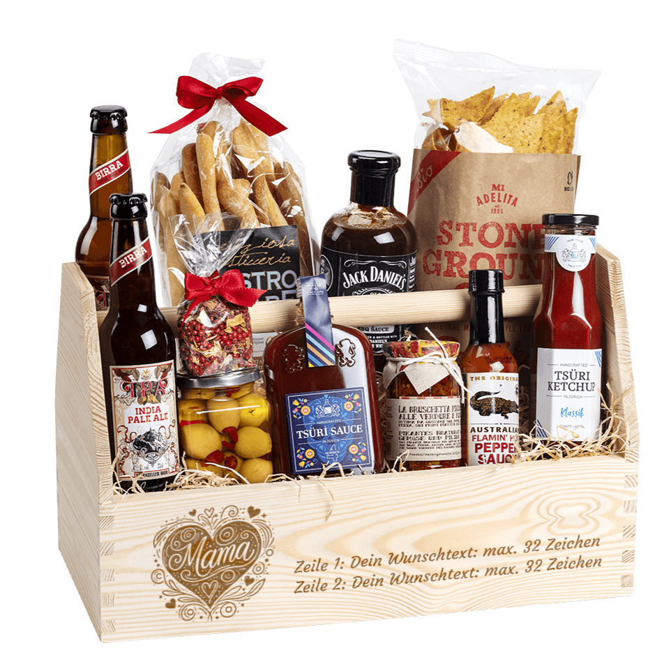 Geschenkkorb für die Mutter. Ideales Geschenk für den Muttertag. Gefüllt mit vielen regionalen Spezialitäten, welche zum Grillen passen.