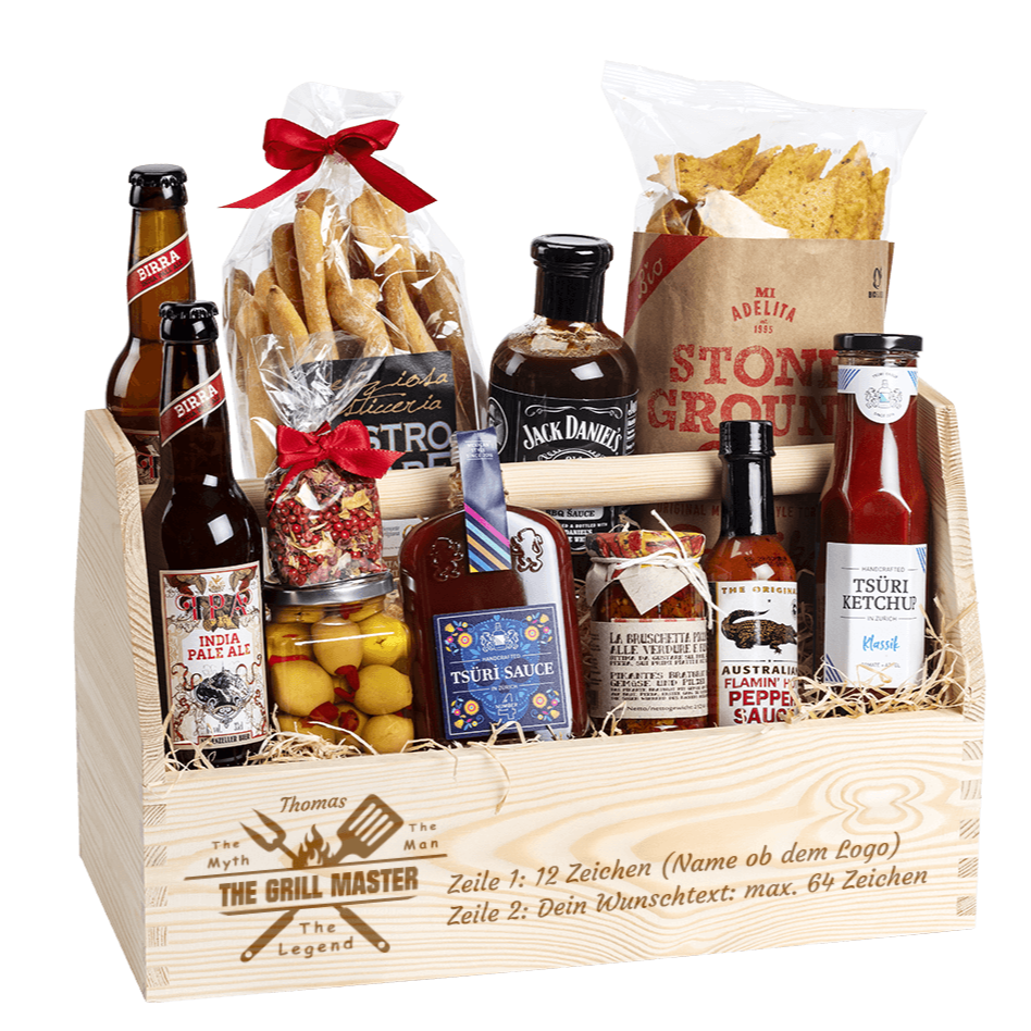 Geschenkkorb für dem Grillmaster. Gefüllt mit vielen regionalen Spezialitäten, welche zum Grillen passen. 
