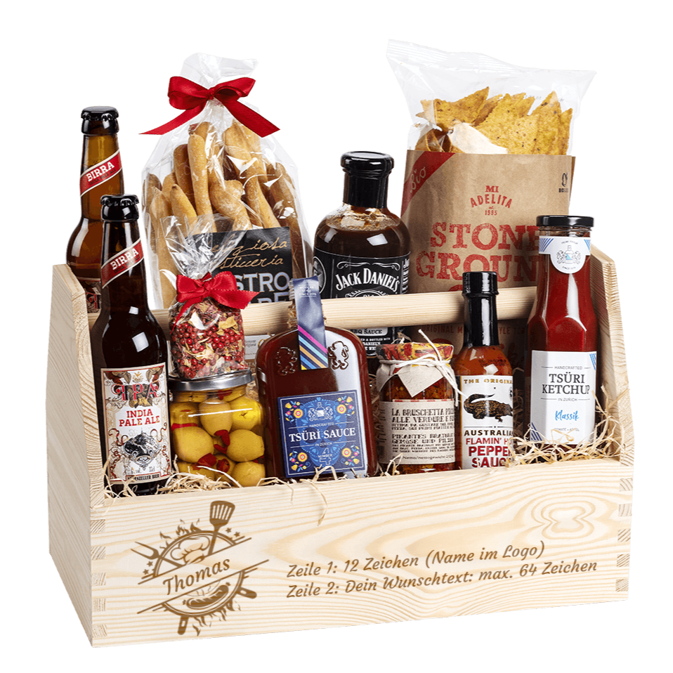 Der personalisierte Geschenkkorb für die nächste Grillparty. Gefüllt mit vielen regionalen Spezialitäten, welche zum Grillen passen. 