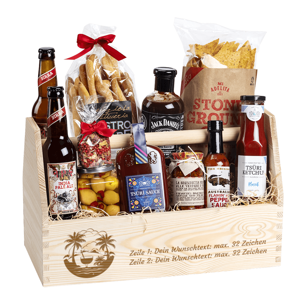 Der personalisierte Geschenkkorb für das nächste Geschenk. Gefüllt mit vielen regionalen Spezialitäten, welche zum Grillen passen. 