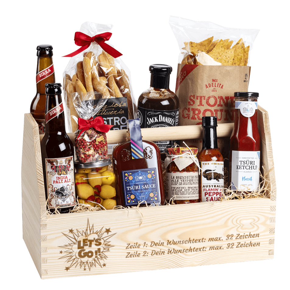 Das nächste personalisierte Firmengeschenk. Gefüllt mit vielen regionalen Spezialitäten, welche zum Grillen passen. 