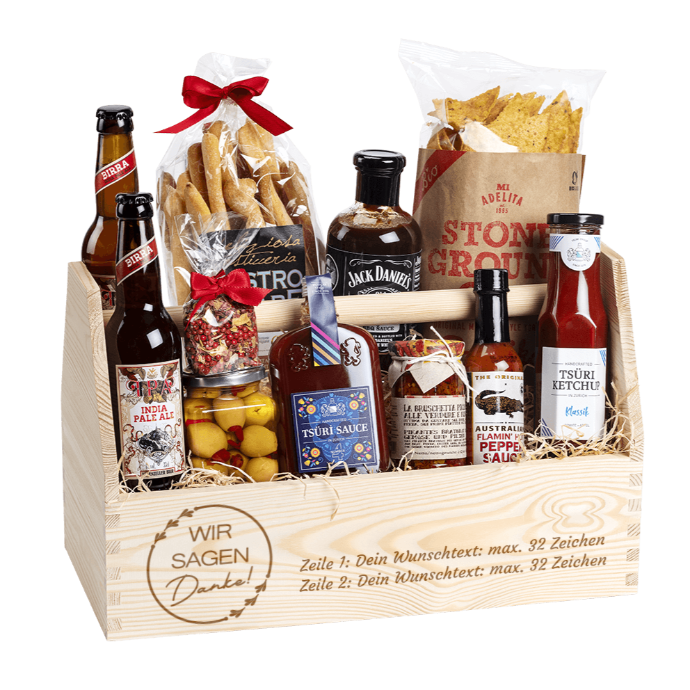 Geschenkkorb, wir sagen Danke. Gefüllt mit vielen regionalen Spezialitäten, welche zum Grillen passen. 