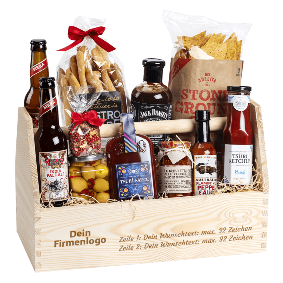 Versehe den Geschenkkorb mit dem Firmenlogo . Gefüllt mit vielen regionalen Spezialitäten, welche zum Grillen passen. 