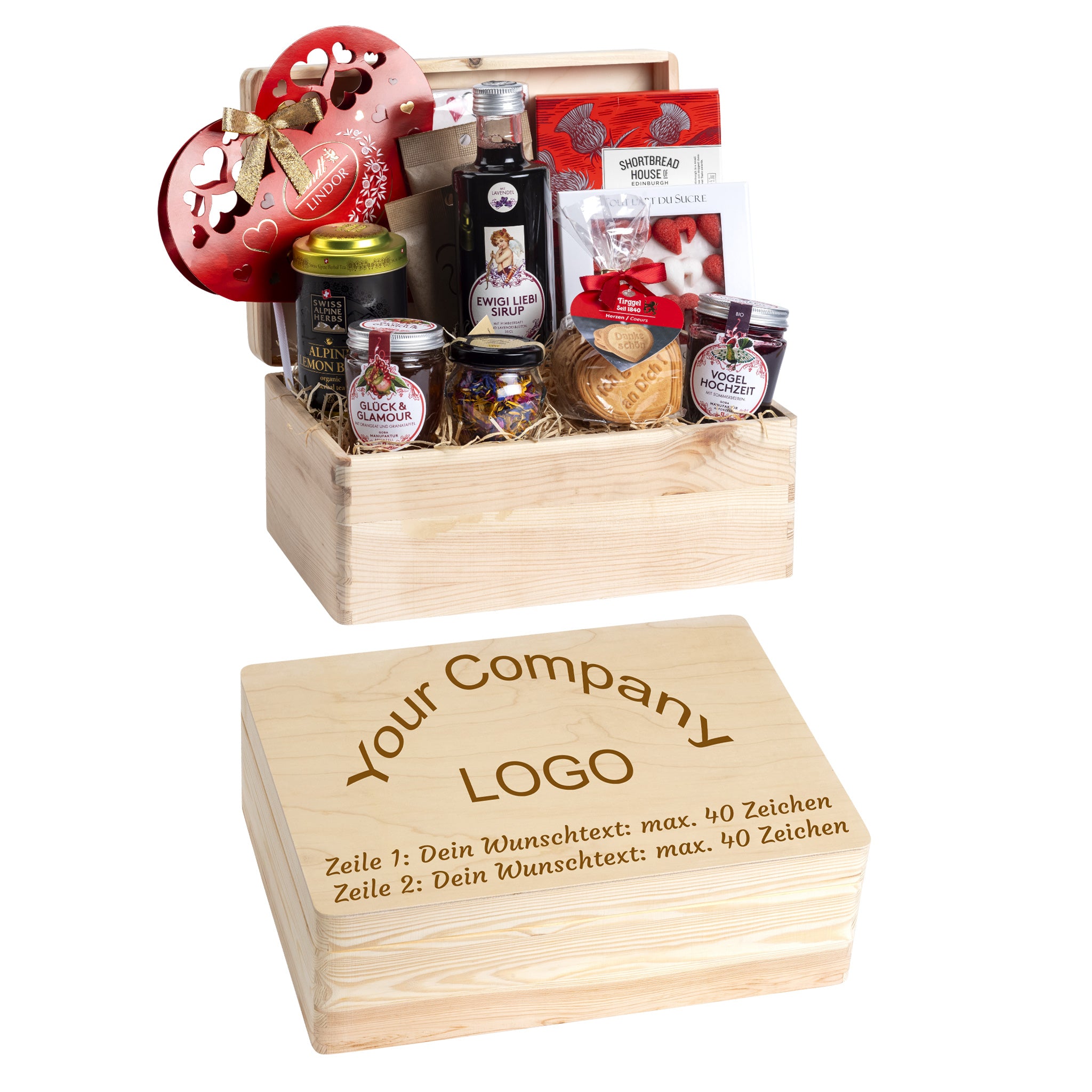 Holzbox kann mit Wunschtext und Wunsch-Sujet graviert werden. Auf der Holzbox kann das Firmenlogo graviert werden. Das ideale personalisierte Firmen Geschenk.