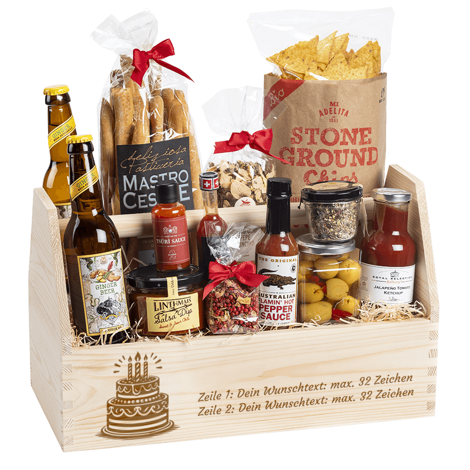 Personalisierter Geschenkkorb  zum Geburtstag.  Für alle die es gerne etwas schärfer mögen. Ein kreative Sammlung von würzigen internationalen Spezialitäten. 