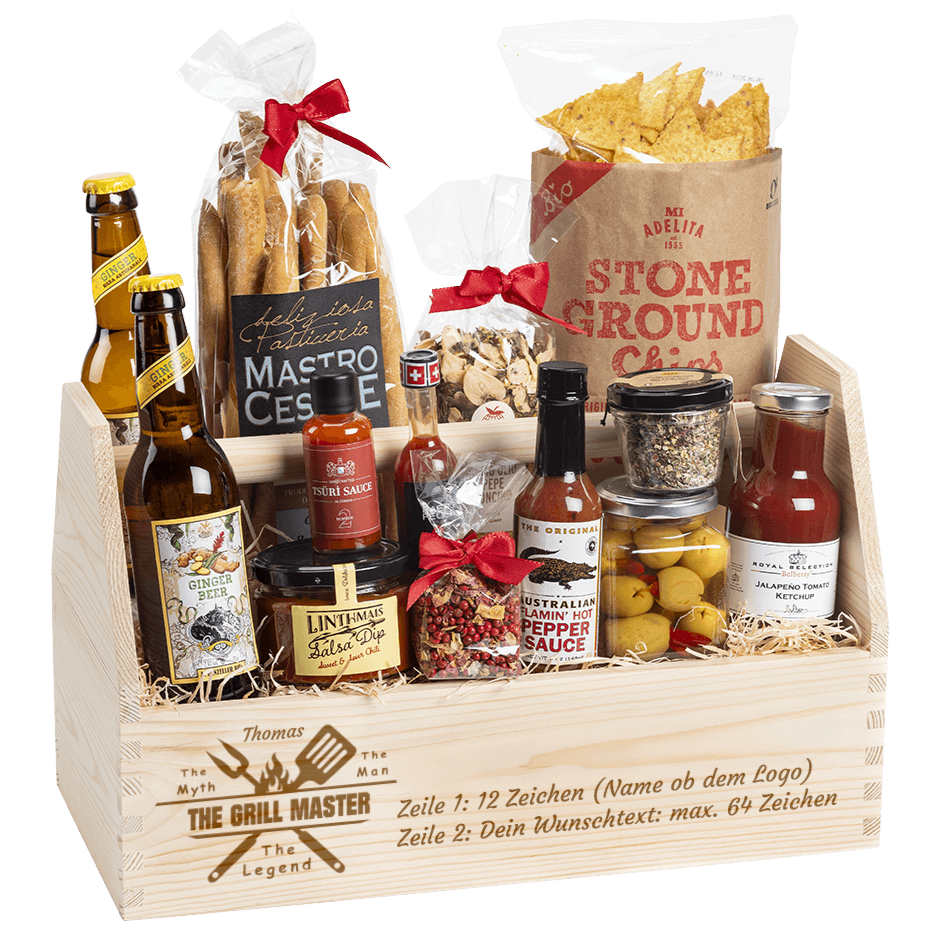 Personalisierter Geschenkkorb. Graviert mit dem Grill Master Logo und frei wählbarem Text.  Für alle die es gerne etwas schärfer mögen. Ein kreative Sammlung von würzigen internationalen Spezialitäten. 