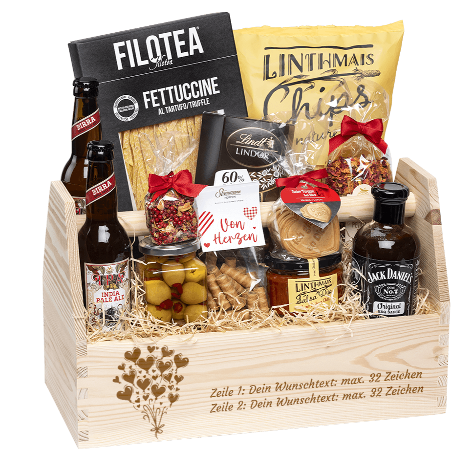 Geschenkkorb graviert mit deinem Wunschtext. Gefüllt mit Gourmet Spezialitäten speziell für den Mann. Motiv Geburtstag Ballone.