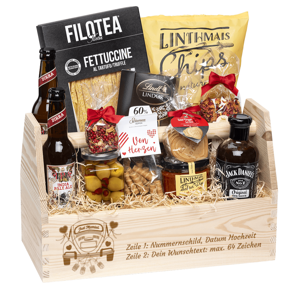 Geschenkkorb graviert mit deinem Wunschtext. Gefüllt mit Gourmet Spezialitäten speziell für den Mann. Motiv Geburtstag Ballone. Motiv Hochzeit VW Käfer geschmückt.