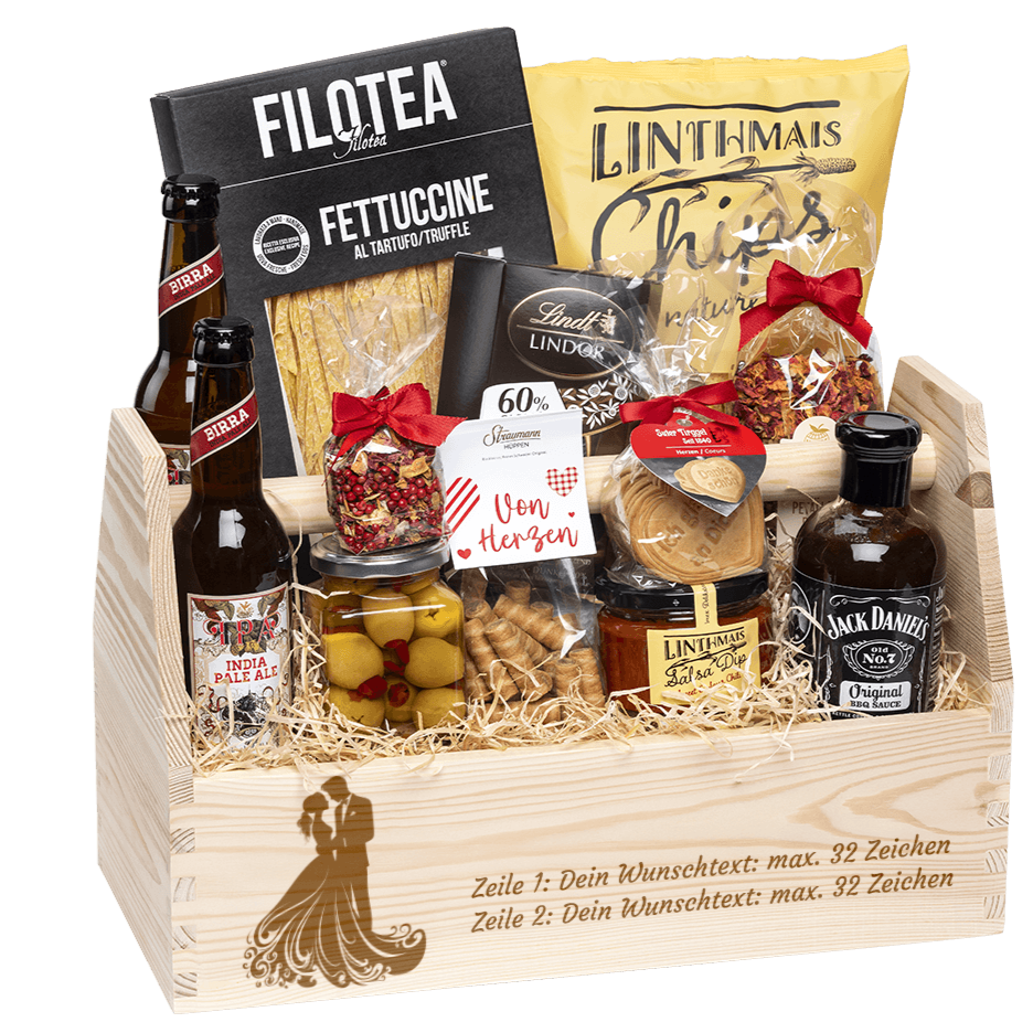 Geschenkkorb graviert mit deinem Wunschtext. Gefüllt mit Gourmet Spezialitäten speziell für den Mann. Motiv Hochzeit Brautpaar.
