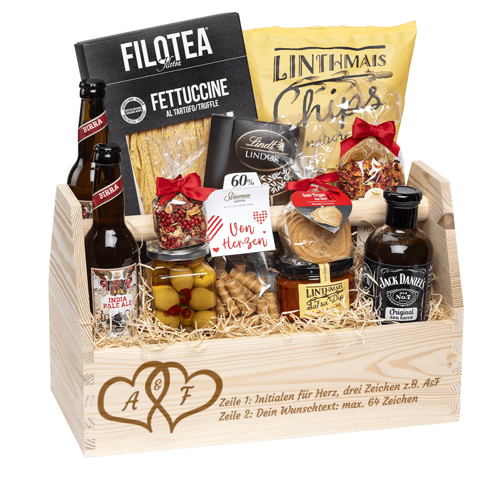 Geschenkkorb graviert mit deinem Wunschtext. Gefüllt mit Gourmet Spezialitäten speziell für den Mann. Motiv Hochzeit. Herzen mit Ballone. 