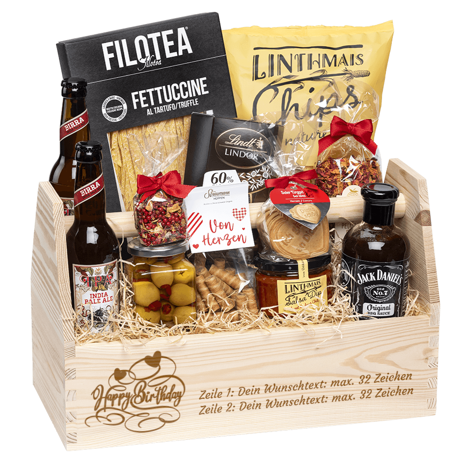 Geschenkkorb graviert mit deinem Wunschtext. Gefüllt mit Gourmet Spezialitäten speziell für den Mann. Motiv Geburtstag Happy Birthday.